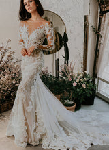 Illusion Neck Long Sleeves Lace Chapel Train Wedding Dresses Appliques Lace-Dbrbridal