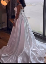 Illusion Neck Long Sleeves Lace Satin Sheath Fitted Wedding Dresses-Dbrbridal