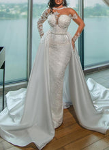 Illusion Neck Long Sleeves Lace Satin Sheath Fitted Wedding Dresses-Dbrbridal