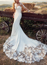 Illusion Neck Long Sleeves Wedding Dresses Appliques Lace-Dbrbridal