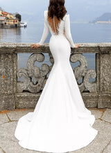 Illusion Neck Mermaid Fitted Wedding Dresses Long Sleeves Sweep Train-Dbrbridal