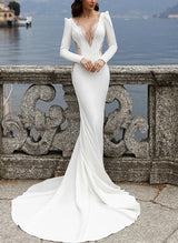 Illusion Neck Mermaid Fitted Wedding Dresses Long Sleeves Sweep Train-Dbrbridal