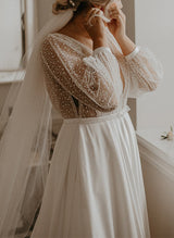 Illusion Neck Plus Size Chic A-line Lace Sweep Train Long Sleeves Wedding Dresses-Dbrbridal