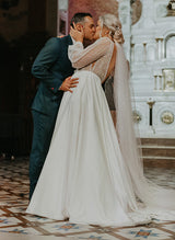 Illusion Neck Plus Size Chic A-line Lace Sweep Train Long Sleeves Wedding Dresses-Dbrbridal