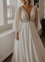 Illusion Neck Plus Size Chic A-line Lace Sweep Train Long Sleeves Wedding Dresses-Dbrbridal