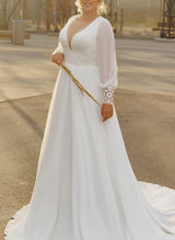 Illusion Neck Plus Size Long Sleeves Sweep Train Chiffon Lace Wedding Dresses-Dbrbridal