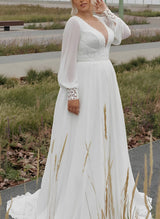 Illusion Neck Plus Size Long Sleeves Sweep Train Chiffon Lace Wedding Dresses-Dbrbridal