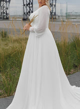 Illusion Neck Plus Size Long Sleeves Sweep Train Chiffon Lace Wedding Dresses-Dbrbridal