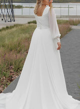 Illusion Neck Plus Size Long Sleeves Sweep Train Chiffon Lace Wedding Dresses-Dbrbridal