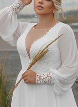 Illusion Neck Plus Size Long Sleeves Sweep Train Chiffon Lace Wedding Dresses-Dbrbridal