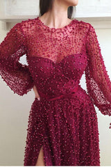 Illusion neck Scarlet Long Sleeves Split Evening Dresses Flare sleeves Princess Beadings Prom Dresses with Bow-Dbrbridal