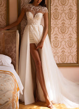 Illusion Neck Short Sleeves Tulle Wedding Dress High Split-Dbrbridal