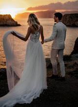 Illusion Neck Sleeveless Lace Tulle Wedding Dress Appliques Lace Chic A-line Sweep Train-Dbrbridal