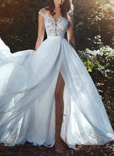 Illusion Neck Sleeveless Lace Tulle Wedding Dresses Split Front-Dbrbridal