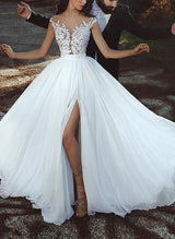 Illusion Neck Sleeveless Lace Tulle Wedding Dresses Split Front-Dbrbridal