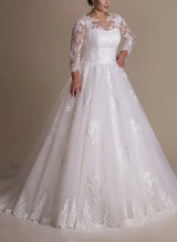 Illusion Neck Tulle Wedding Dresses Appliques Lace Sleeves for Plus Size Ball-Gown-Dbrbridal