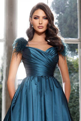 Ink Blue Strapless Long Prom Dress Sleeveless With Feathers-Dbrbridal