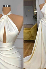 Ivory Halter Long Split Prom Dresses Detachable Train-Dbrbridal