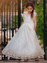 Ivory Jewel Neck Lace Short Sleeves Floor-Length A-Line Lace Kids Social Party Dresses-Dbrbridal