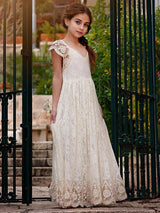 Ivory Jewel Neck Lace Short Sleeves Floor-Length A-Line Lace Kids Social Party Dresses-Dbrbridal