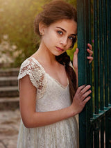Ivory Jewel Neck Lace Short Sleeves Floor-Length A-Line Lace Kids Social Party Dresses-Dbrbridal