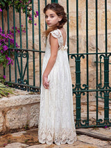 Ivory Jewel Neck Lace Short Sleeves Floor-Length A-Line Lace Kids Social Party Dresses-Dbrbridal