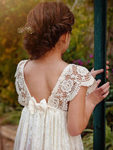 Ivory Jewel Neck Lace Short Sleeves Floor-Length A-Line Lace Kids Social Party Dresses-Dbrbridal