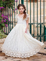 Ivory Jewel Neck Lace Short Sleeves Floor-Length A-Line Lace Kids Social Party Dresses-Dbrbridal