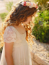 Ivory Jewel Neck Short Sleeves Lace Formal Kids Pageant flower girl dresses-Dbrbridal