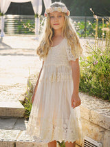 Ivory Jewel Neck Short Sleeves Lace Formal Kids Pageant flower girl dresses-Dbrbridal