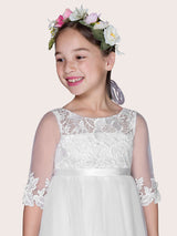 Ivory Jewel Tulle Neck Tulle Half Sleeves A-Line Lace Kids Party Dresses-Dbrbridal