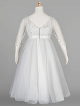 Ivory Jewel Tulle Neck Tulle Half Sleeves A-Line Lace Kids Party Dresses-Dbrbridal