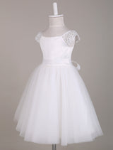 Ivory Lace Cap Sleeves Tutu Dress Bateau Short Short Kids Party Dresses-Dbrbridal
