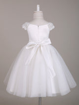 Ivory Lace Cap Sleeves Tutu Dress Bateau Short Short Kids Party Dresses-Dbrbridal