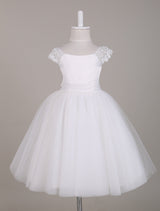 Ivory Lace Cap Sleeves Tutu Dress Bateau Short Short Kids Party Dresses-Dbrbridal
