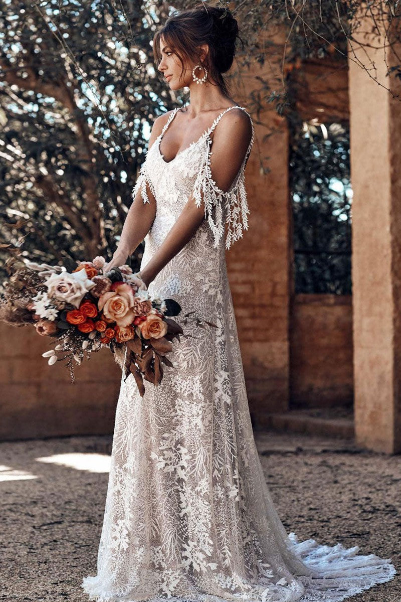 Lace Wedding Dress With Train Ivory A-Line Sleeveless V-Neck Backless Bridal Gowns Dbrbridal Lace Wedding Dress With Train Ivory A-Line Sleeveless V-Neck Backless Bridal Gowns Dbrbridal