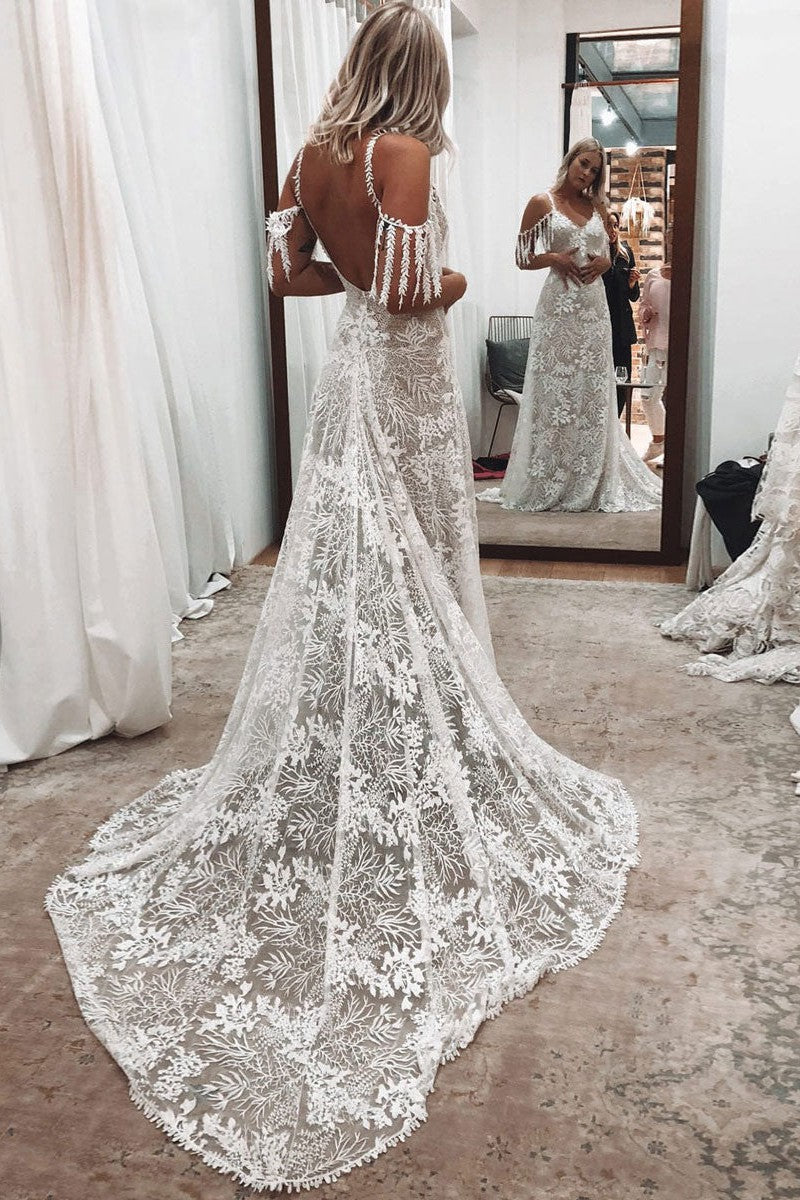 Lace Wedding Dress With Train Ivory A-Line Sleeveless V-Neck Backless Bridal Gowns Dbrbridal Lace Wedding Dress With Train Ivory A-Line Sleeveless V-Neck Backless Bridal Gowns Dbrbridal