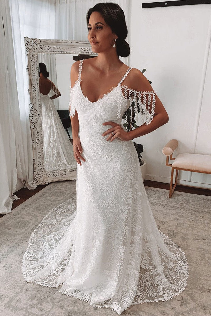 Lace Wedding Dress With Train Ivory A-Line Sleeveless V-Neck Backless Bridal Gowns Dbrbridal Lace Wedding Dress With Train Ivory A-Line Sleeveless V-Neck Backless Bridal Gowns Dbrbridal