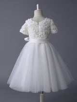 Ivory Lace Tutu Dress Ribbon Bow Sash Half Sleeve Short Kids Party Dresses-Dbrbridal