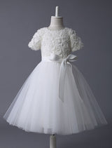 Ivory Lace Tutu Dress Ribbon Bow Sash Half Sleeve Short Kids Party Dresses-Dbrbridal