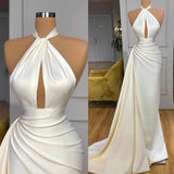 Ivory Long Evening Prom Dress With Split Detachable Train Halter-Dbrbridal