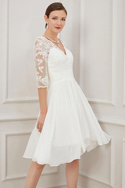 Ivory Short Wedding Dress Knee Length V-Neck Half Sleeves A-line Chiffon Bridal Gowns Dbrbridal Ivory Short Wedding Dress Knee Length V-Neck Half Sleeves A-line Chiffon Bridal Gowns Dbrbridal