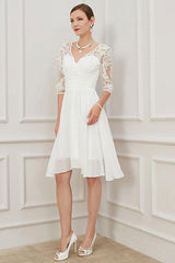 Ivory Short Wedding Dress Knee Length Chic V-Neck Half Sleeves A-line Chiffon Bridal Gowns-Dbrbridal