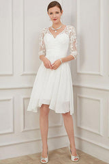 Ivory Short Wedding Dress Knee Length Chic V-Neck Half Sleeves A-line Chiffon Bridal Gowns-Dbrbridal