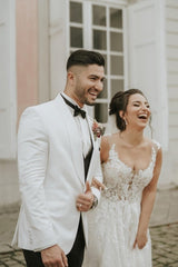 Ivory Sleeveless Straps A-Line Wedding Dresses with Chapel Train-Dbrbridal