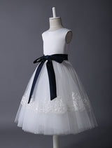 Ivory Tulle flower girl dress With Lace Applique And Navy Blue Sash-Dbrbridal