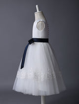 Ivory Tulle flower girl dress With Lace Applique And Navy Blue Sash-Dbrbridal