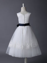 Ivory Tulle flower girl dress With Lace Applique And Navy Blue Sash-Dbrbridal