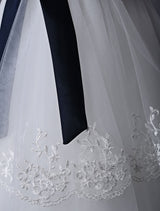 Ivory Tulle flower girl dress With Lace Applique And Navy Blue Sash-Dbrbridal