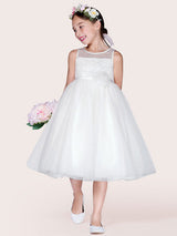 Ivory Tulle Jewel Neck Sleeveless A-Line Beaded Kids Social Party Dresses-Dbrbridal